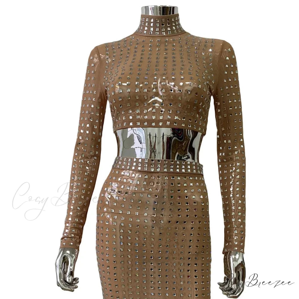 Mesh Top Skirt Sparkling Party Dress khaki Top / S