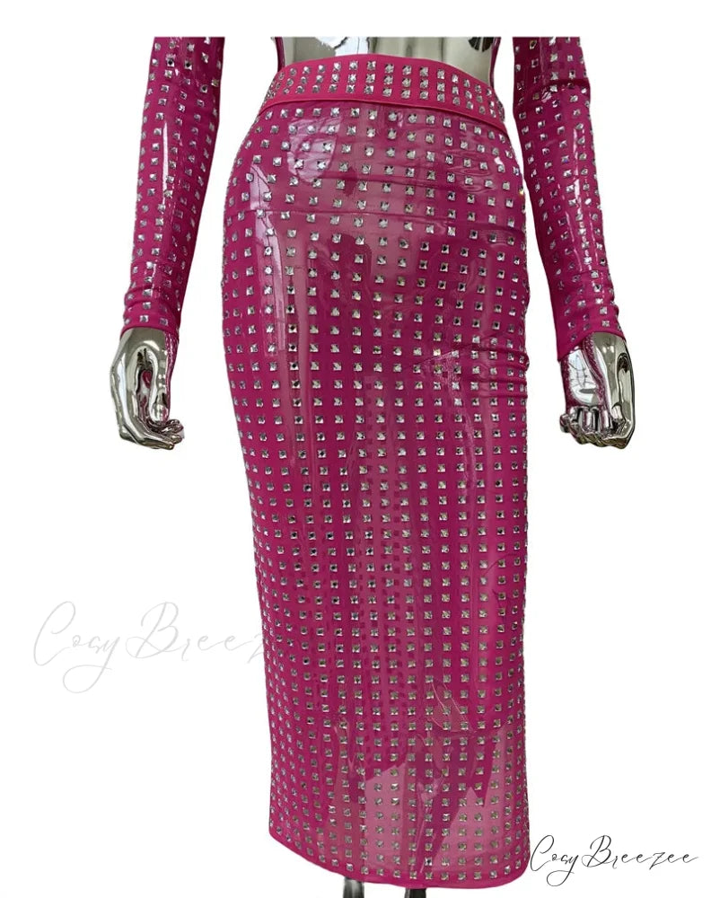 Mesh Top Skirt Sparkling Party Dress Rose Red Skirt / S