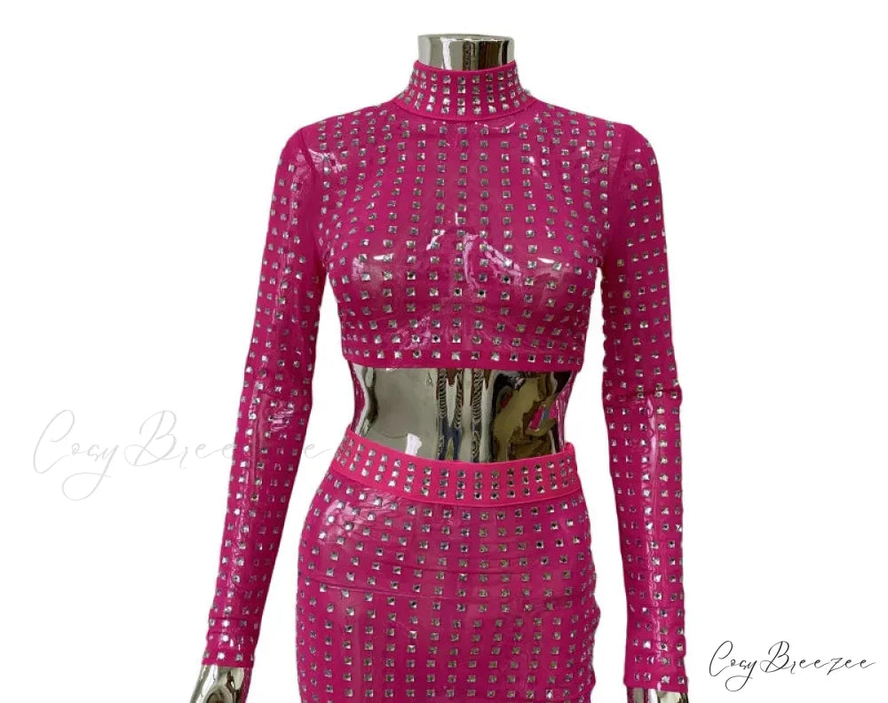 Mesh Top Skirt Sparkling Party Dress Rose Red Top / S
