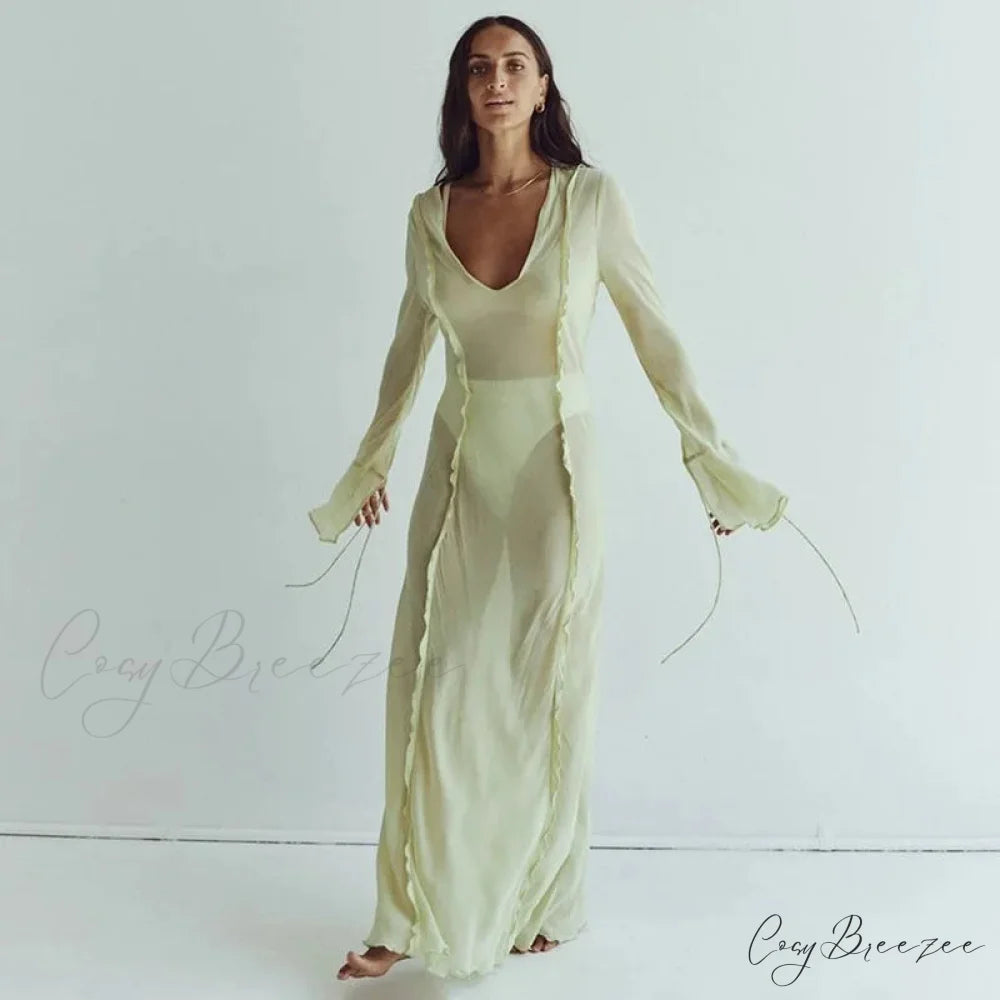 Mesh Transparent Flare Sleeve Cover-Ups Maxi Dress