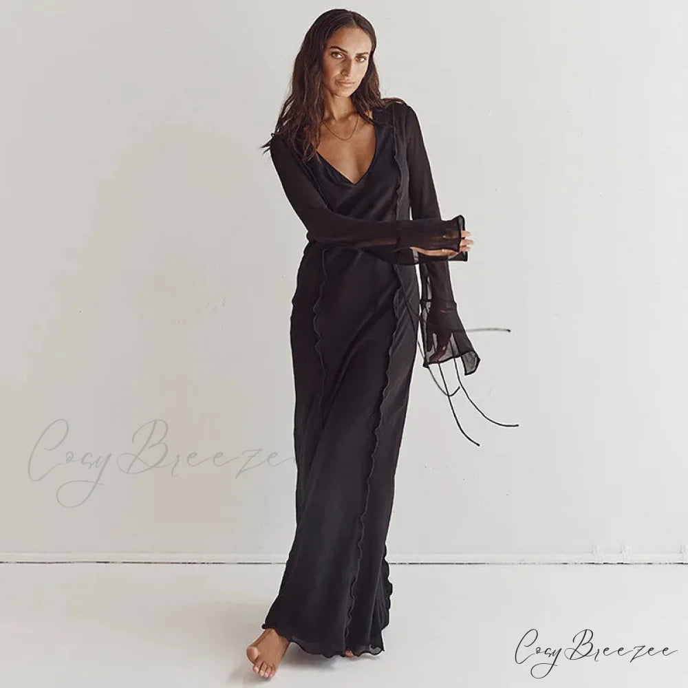 Mesh Transparent Flare Sleeve Cover-Ups Maxi Dress Black / S