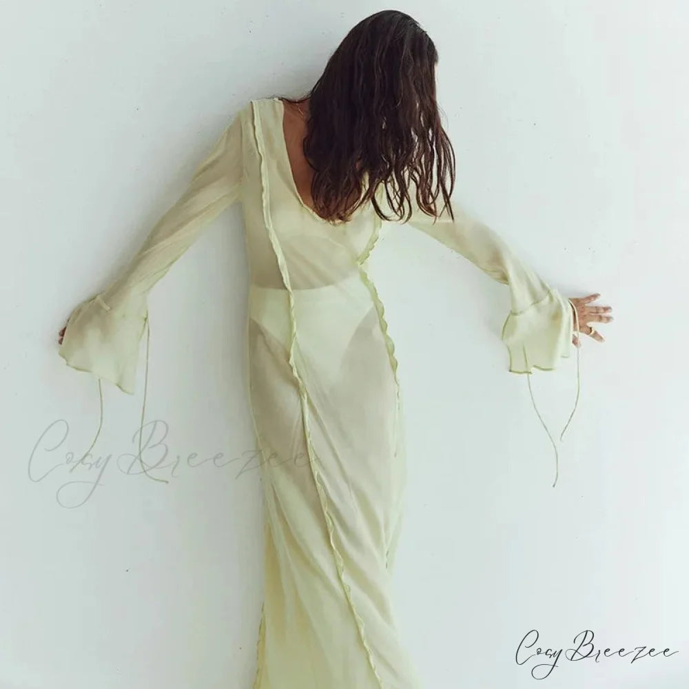 Mesh Transparent Flare Sleeve Cover-Ups Maxi Dress Green / S