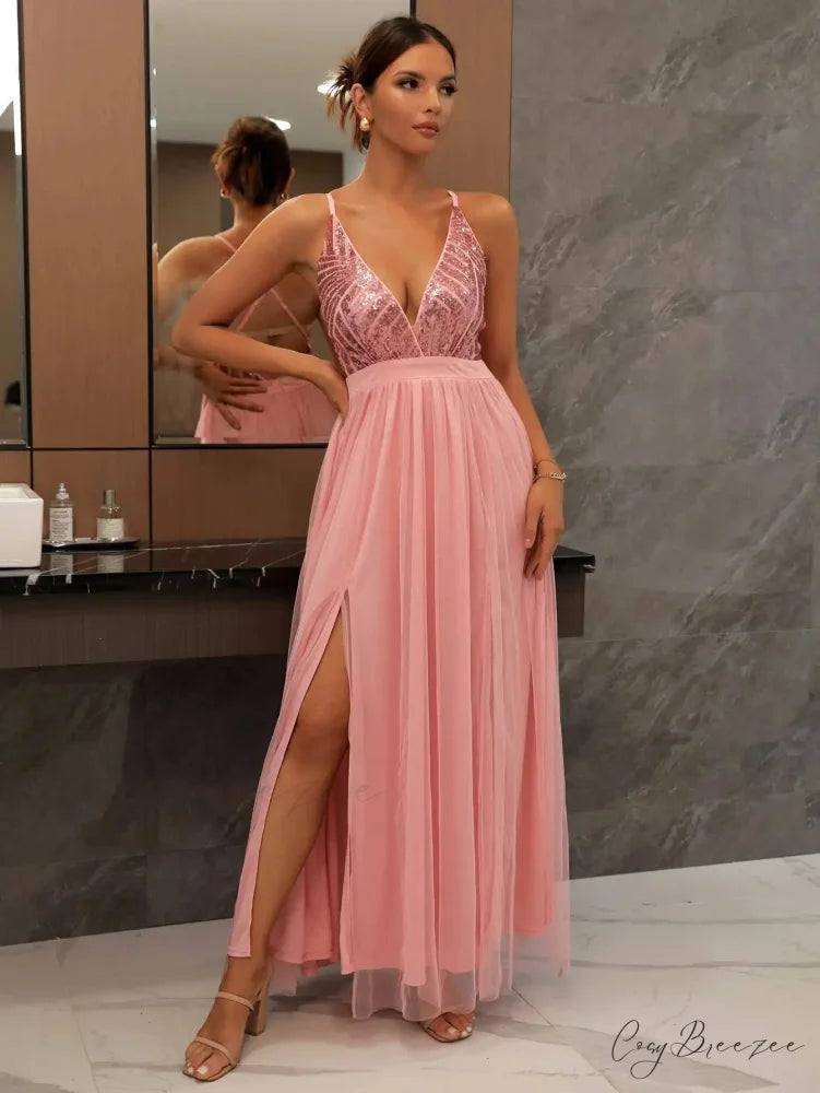 Mesh V-neck Maxi Dress Pink / Xs