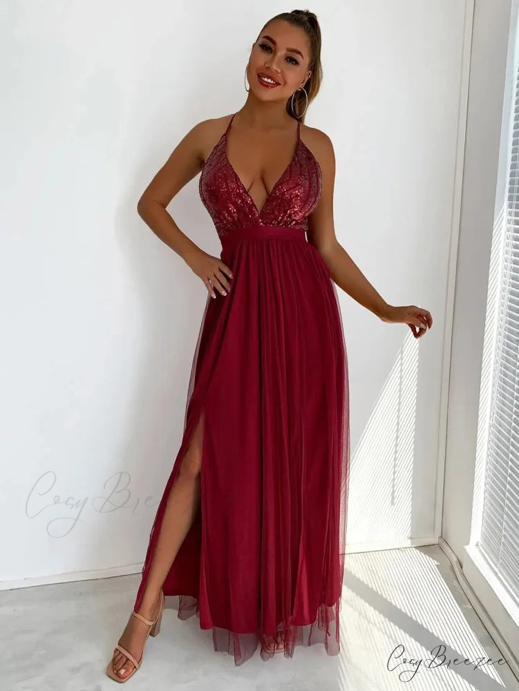 Mesh V-neck Maxi Dress Winered / Xs