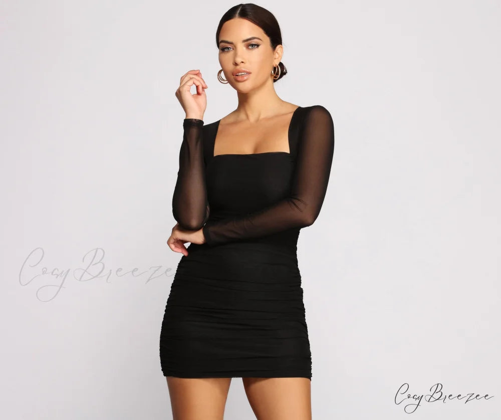 Mesmerize In Mesh Charming Ruched Mini Dress BLACK / XS