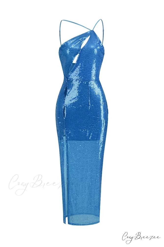 Mesmerizing Sky Blue Trendy Sequin One-Shoulder Maxi Dress