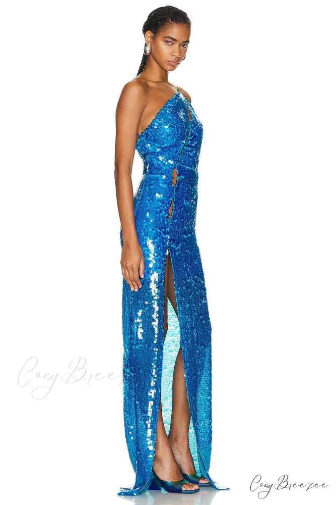 Mesmerizing Sky Blue Trendy Sequin One-Shoulder Maxi Dress