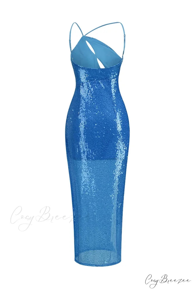 Mesmerizing Sky Blue Trendy Sequin One-Shoulder Maxi Dress