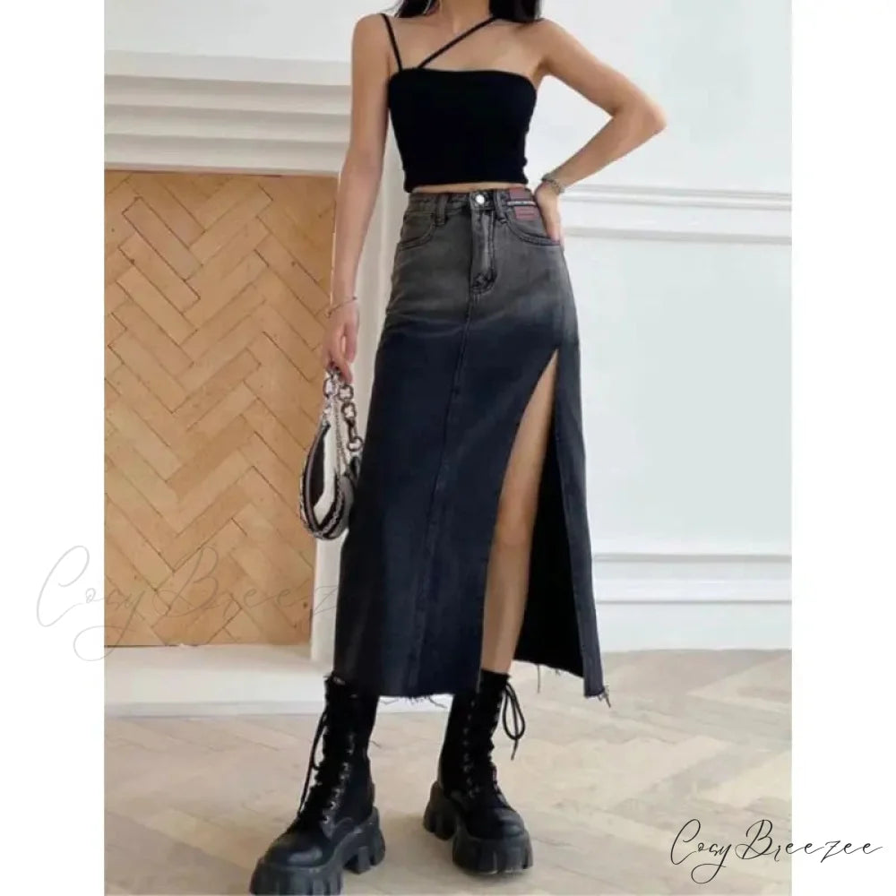 Mid-Length Slit Denim Skirt dark grey / S skirts-250223