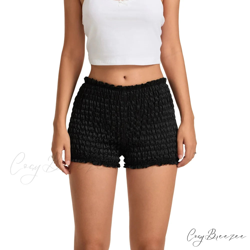 Mid Rise Ruched Elastic Waist Shorts Black / S short-250223