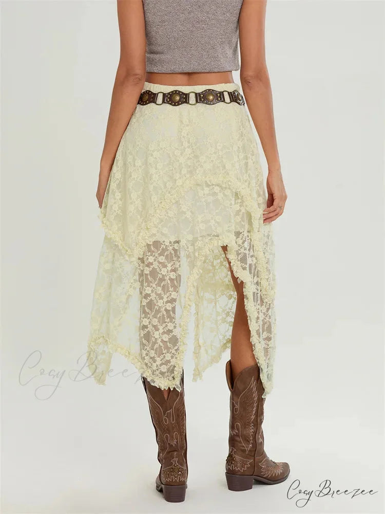 Midi Lace Floral Irregular Hem Elastic Waist Summer Skirt skirt-250126