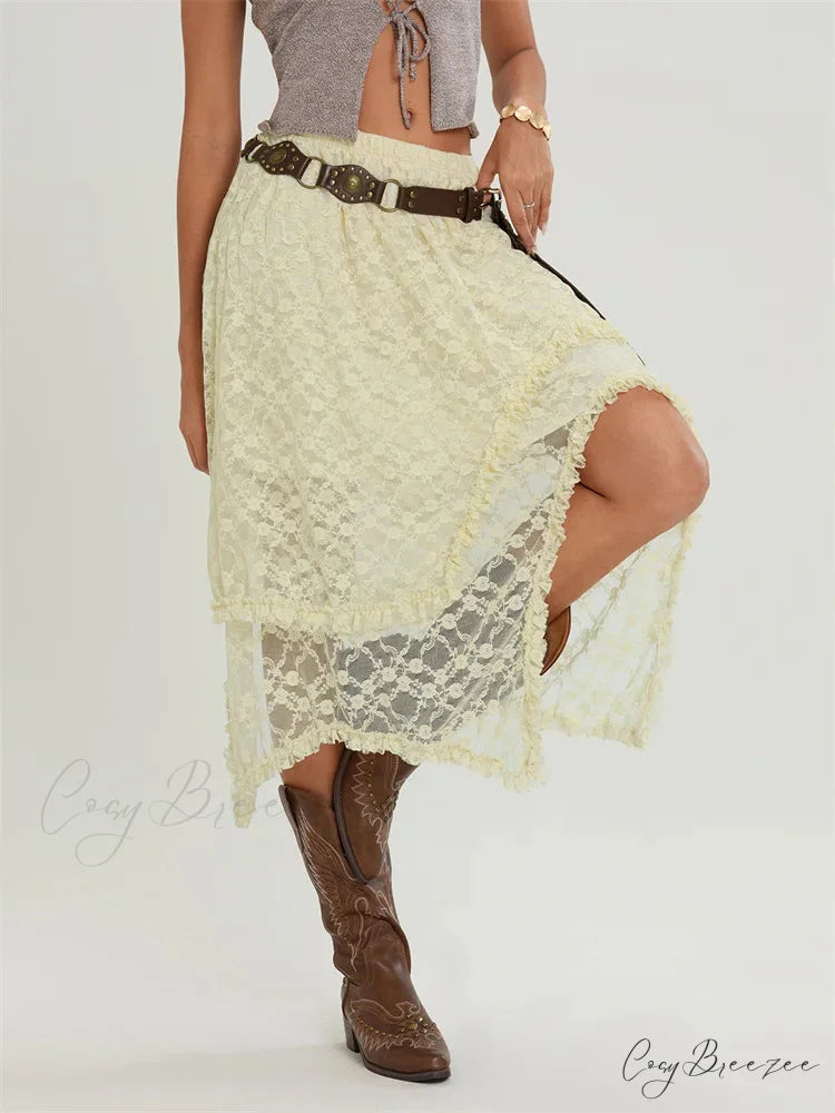 Midi Lace Floral Irregular Hem Elastic Waist Summer Skirt skirt-250126