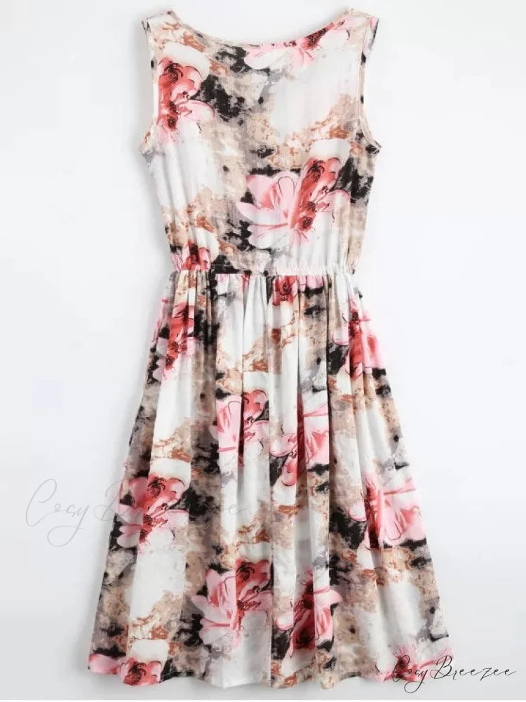 Midi Sleeveless Drawstring Floral Dress
