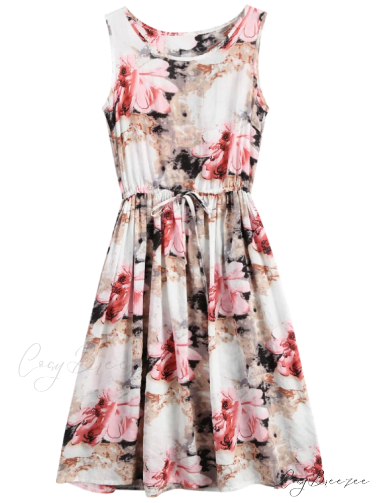 Midi Sleeveless Drawstring Floral Dress