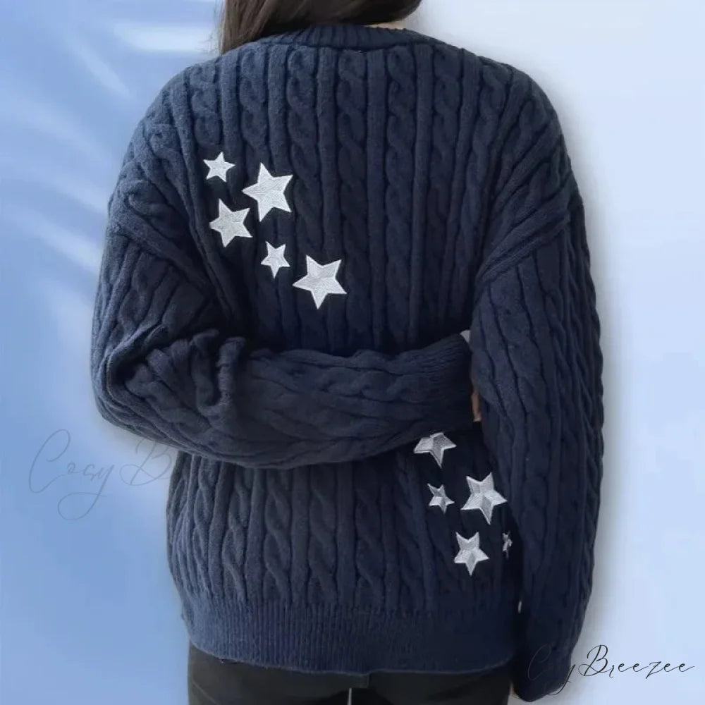 Midnight Navy Y2K Star Cardigan cardigans-241228