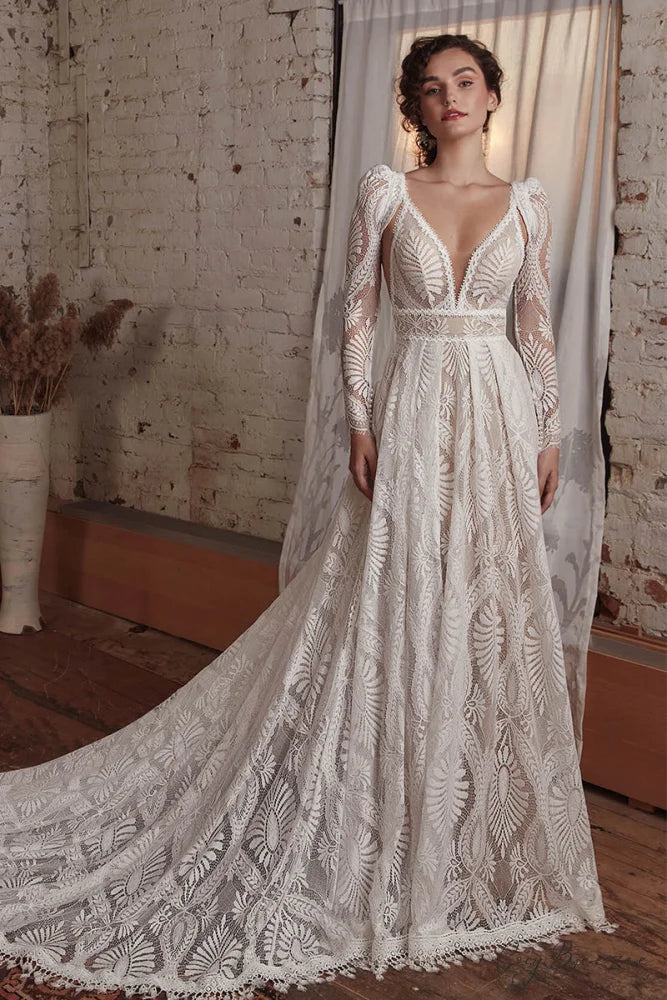 Mijas Ethereal Graceful Lace Wedding Dress Champagne / 2