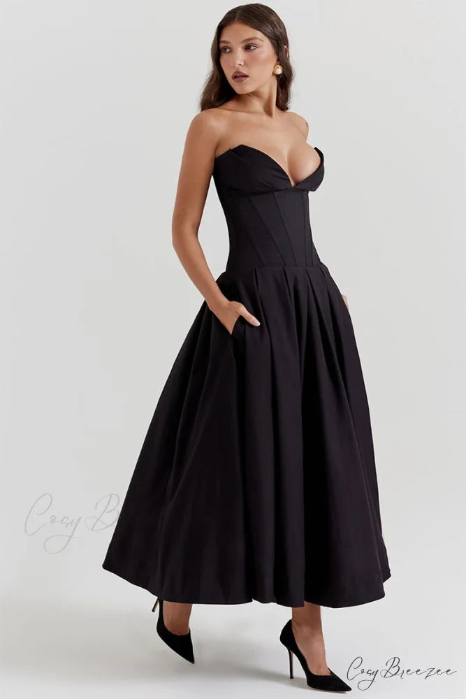 Milly Black Graceful Strapless Midi Dress