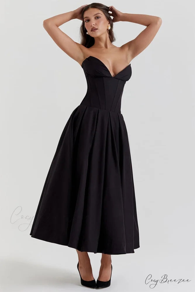 Milly Black Graceful Strapless Midi Dress