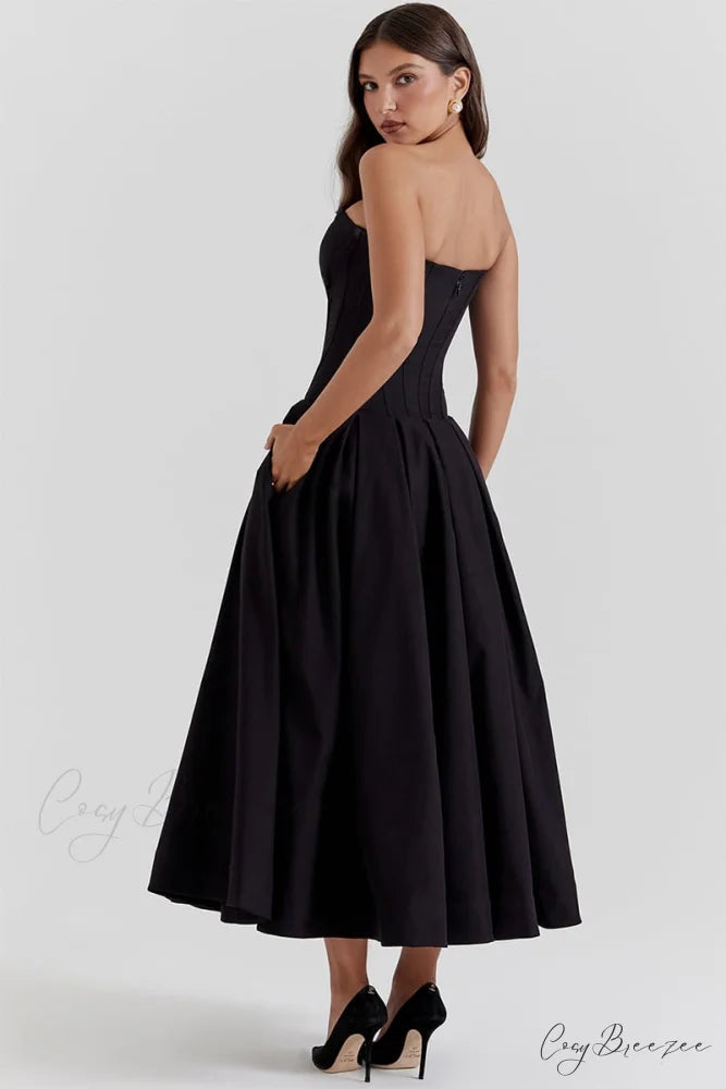 Milly Black Graceful Strapless Midi Dress