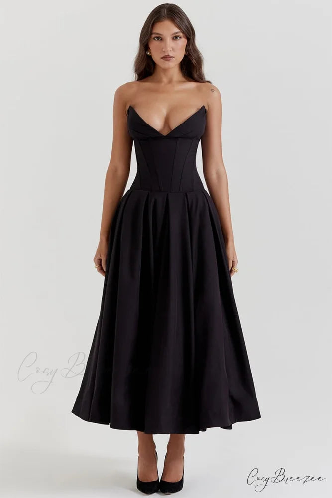 Milly Black Graceful Strapless Midi Dress Black / XS