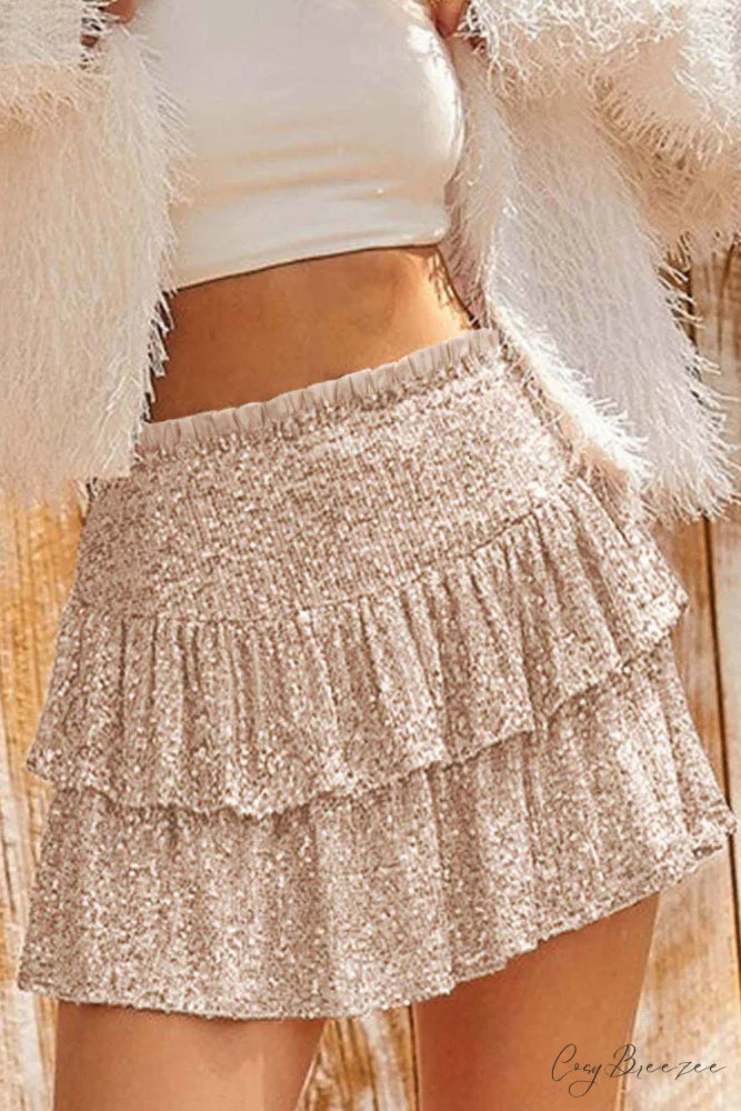 Mini Tiered Sequined Folded Skirt Apricot / M