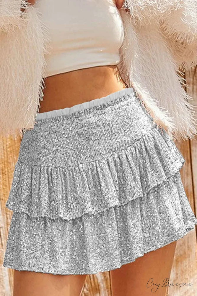 Mini Tiered Sequined Folded Skirt Silver / S