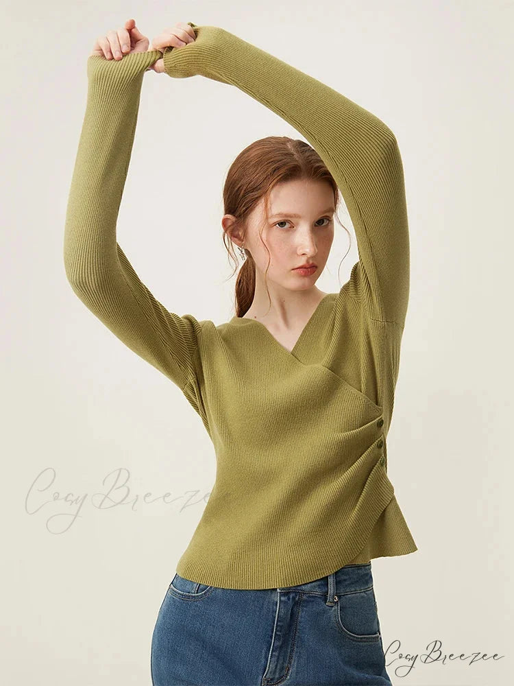 Minimalist V-neck Knit Bottom Sweater Sweater army green / S swraters-241228