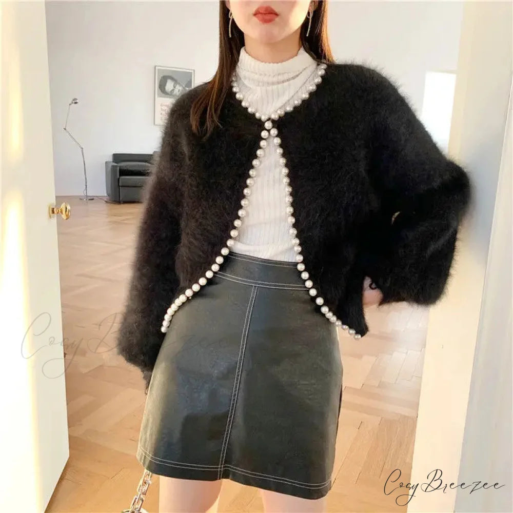 Mink Fleece Lantern Sleeve Cardigan Black / One Size