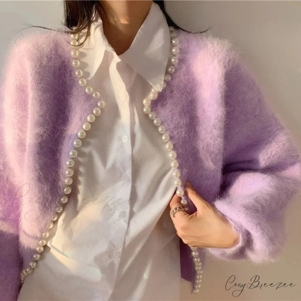 Mink Fleece Lantern Sleeve Cardigan Light Purple / One Size