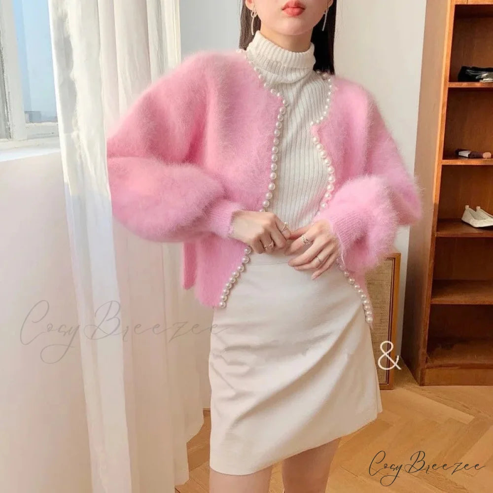 Mink Fleece Lantern Sleeve Cardigan Pink / One Size