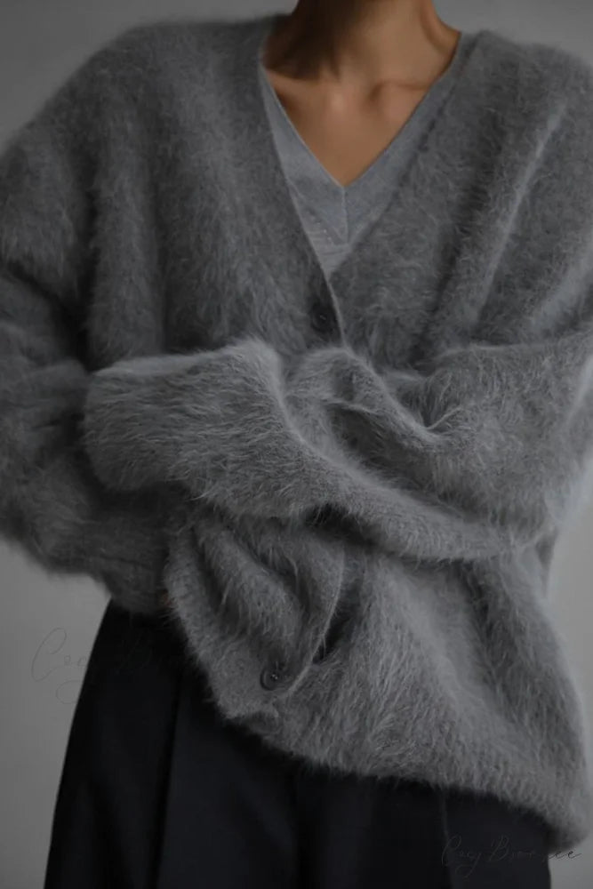 Mink Hair V Faux Neck Cardigan Dark Grey / S