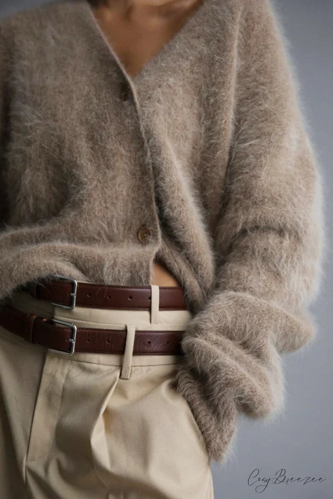 Mink Hair V Faux Neck Cardigan Khaki / L