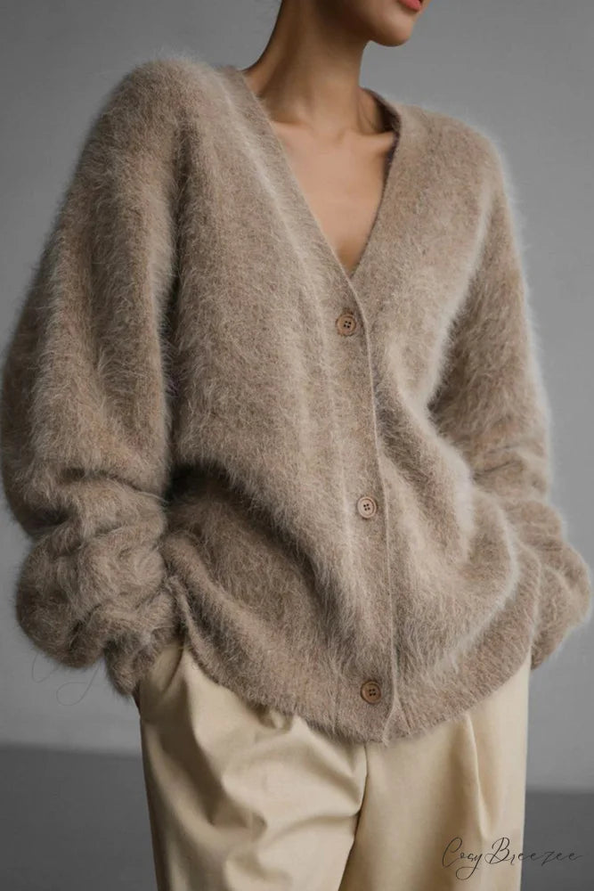 Mink Hair V Faux Neck Cardigan Khaki / S
