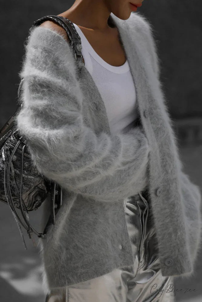 Mink Hair V Faux Neck Cardigan Light Grey / M