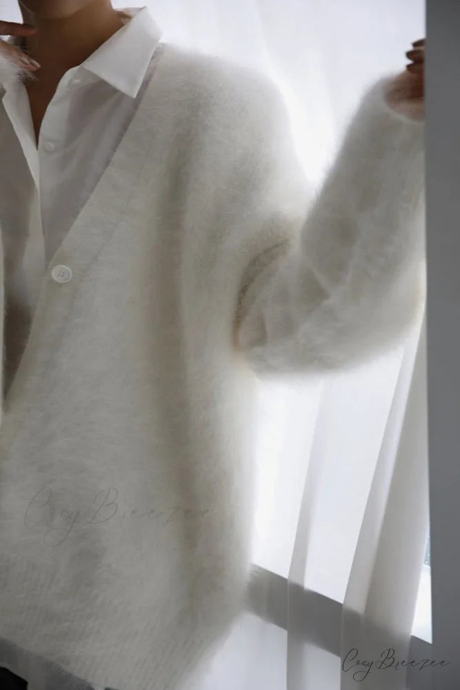 Mink Hair V Faux Neck Cardigan White / L