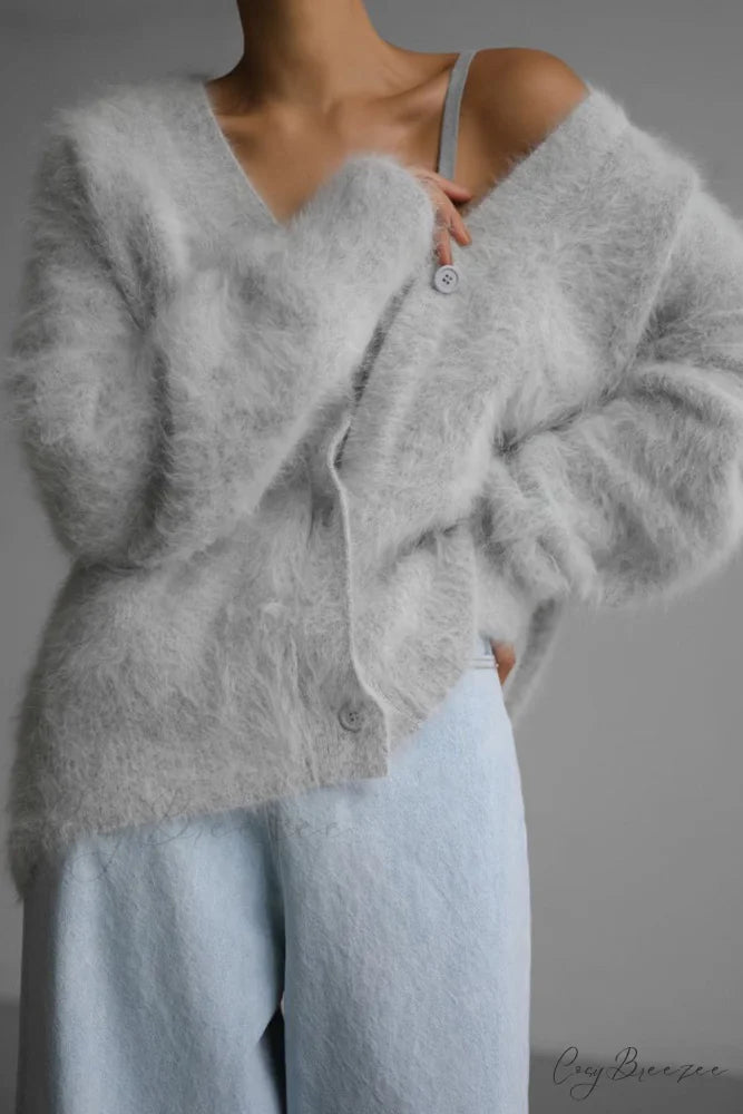 Mink Hair V Faux Neck Cardigan White / S