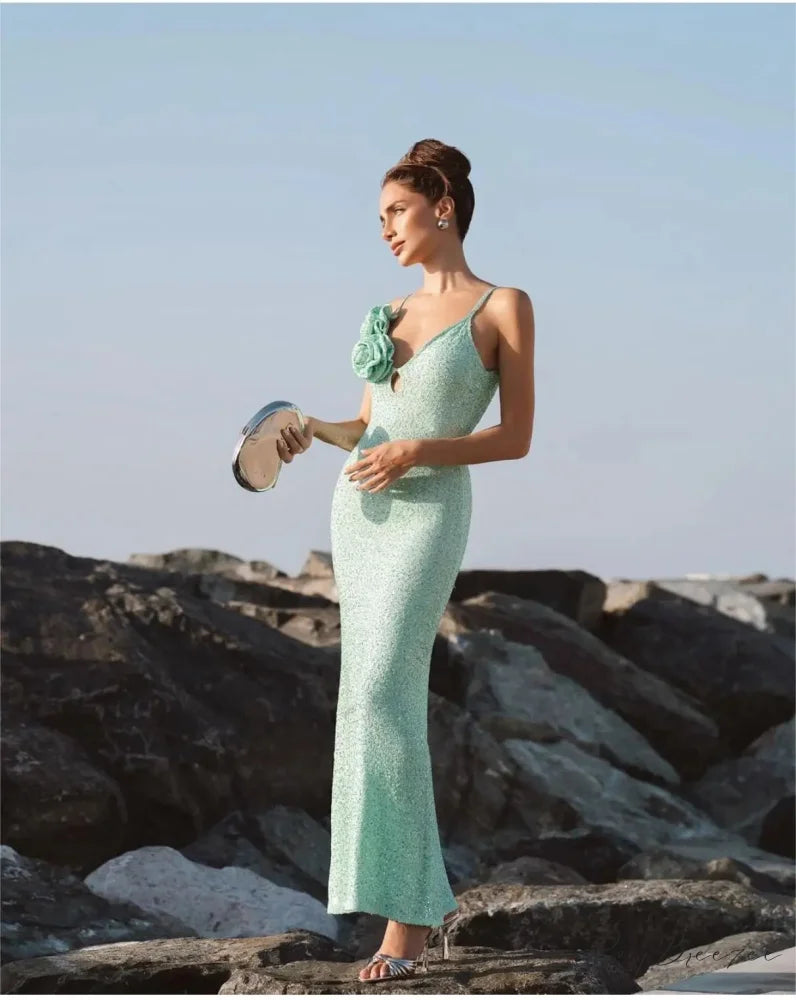 Mint Green Sequins Spaghetti Party Dress
