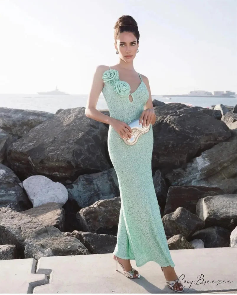 Mint Green Sequins Spaghetti Party Dress