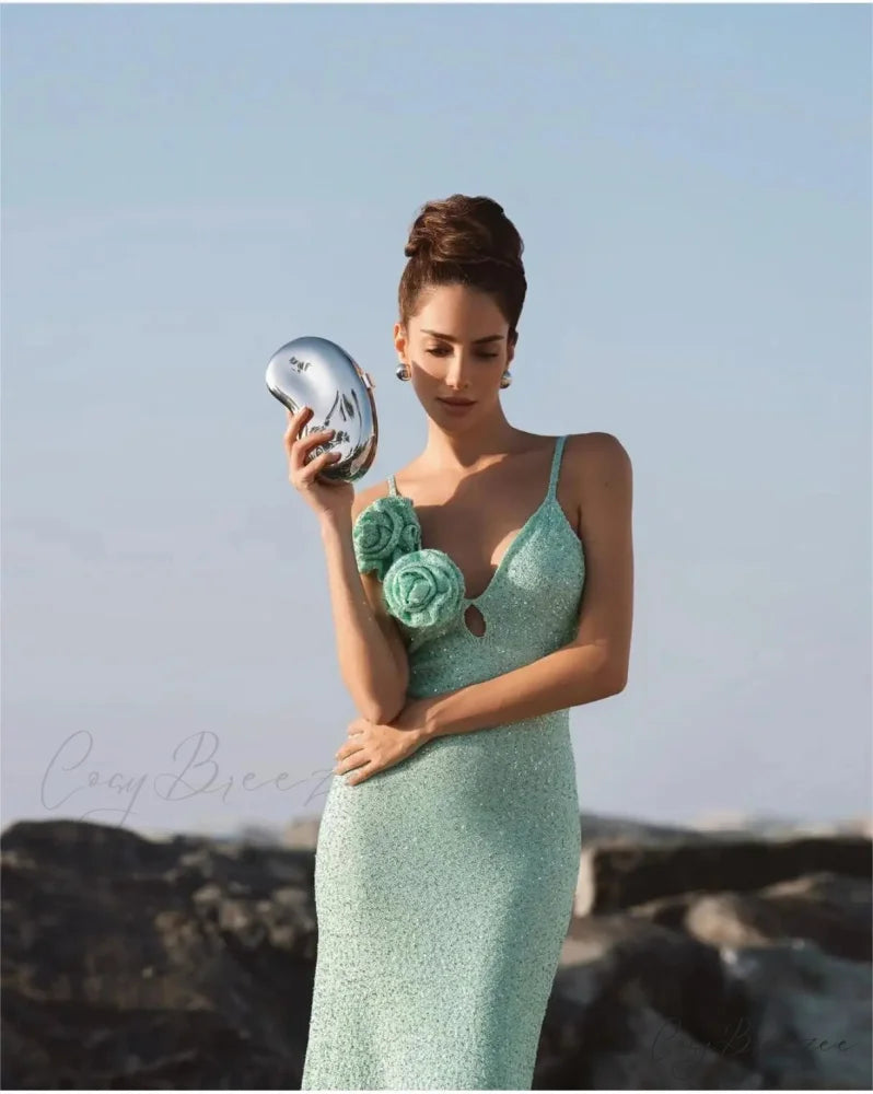 Mint Green Sequins Spaghetti Party Dress