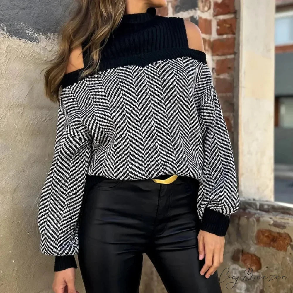 Mock Neck Hollow Out Black Sweater Black / S swraters-241228