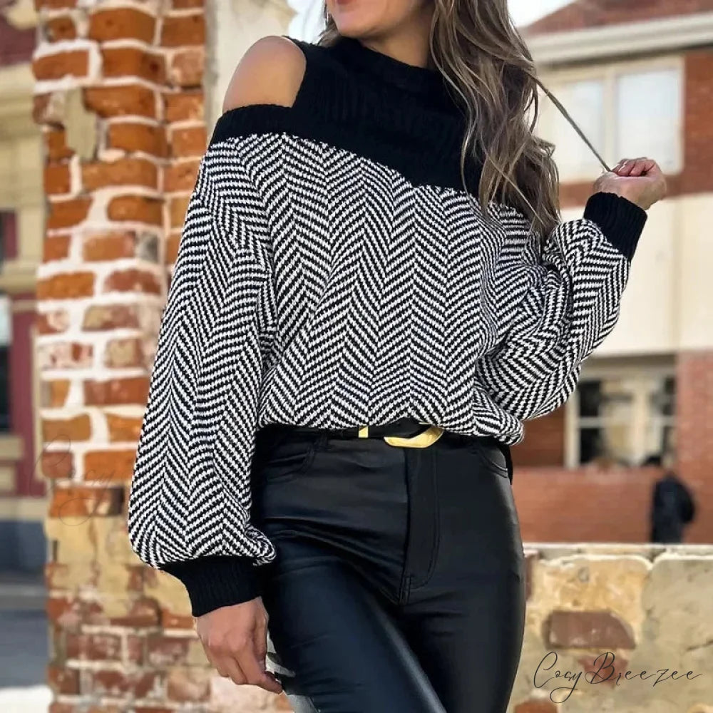 Mock Neck Hollow Out Black Sweater swraters-241228