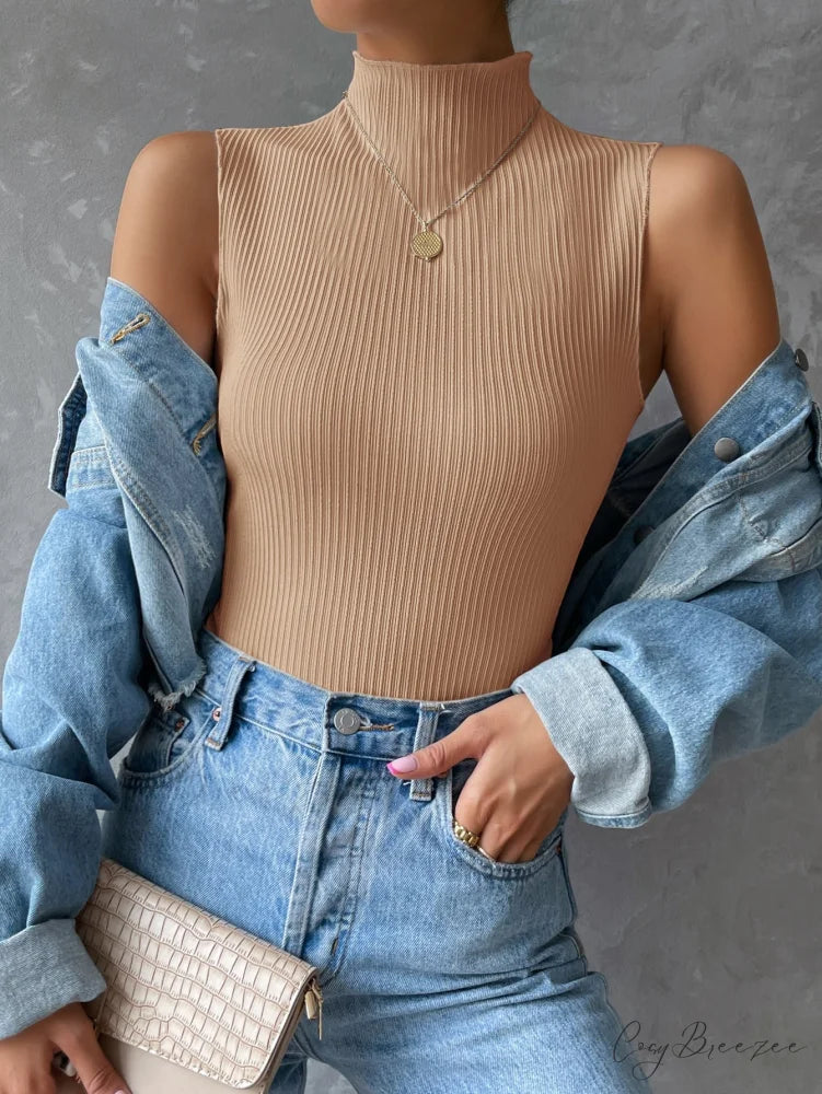 Mock Neck Ribbed Knit Tank Top