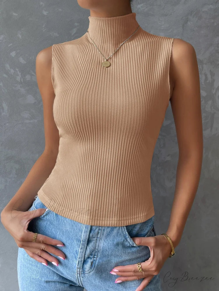 Mock Neck Ribbed Knit Tank Top