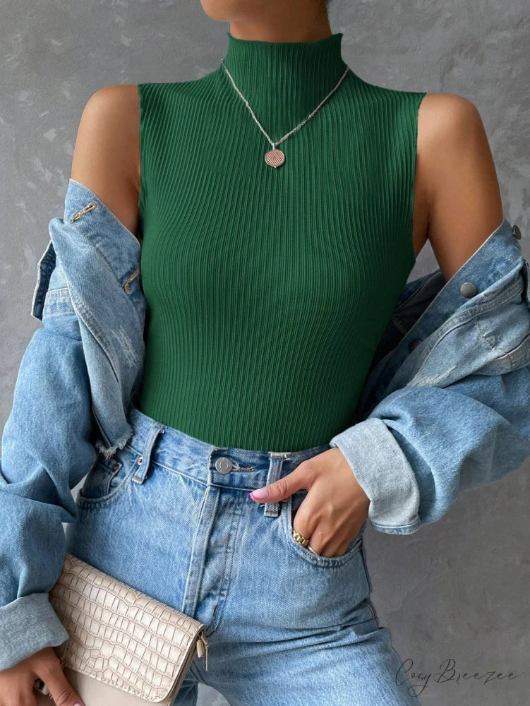 Mock Neck Ribbed Knit Tank Top Dark Green / XS