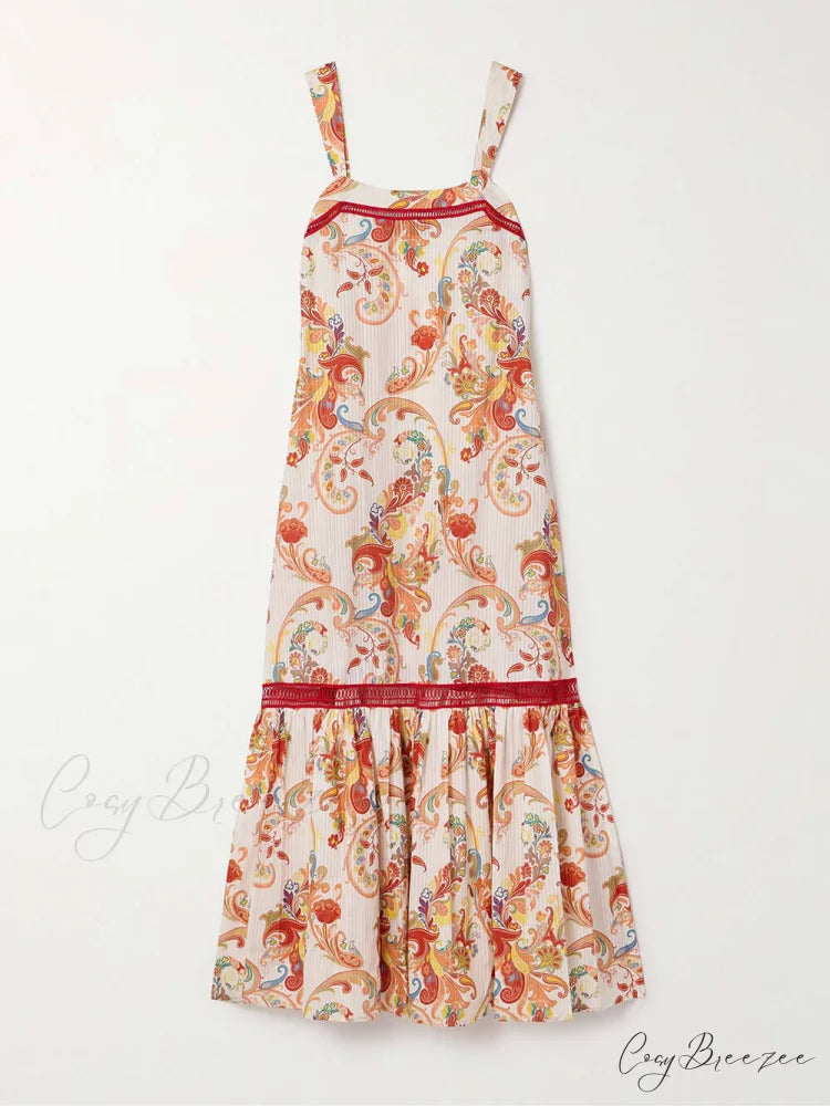 Modern Exquisite Paisley Crochet Graceful Trim Print Maxi Dress