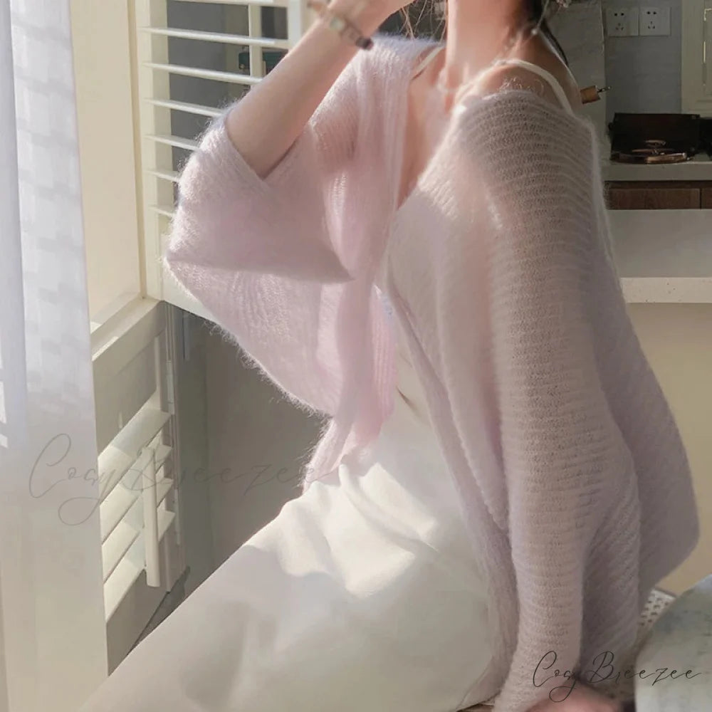 Mohair Knitted Sun Protection Loose Knit Cardigan pink / One Size cardiagn-250126