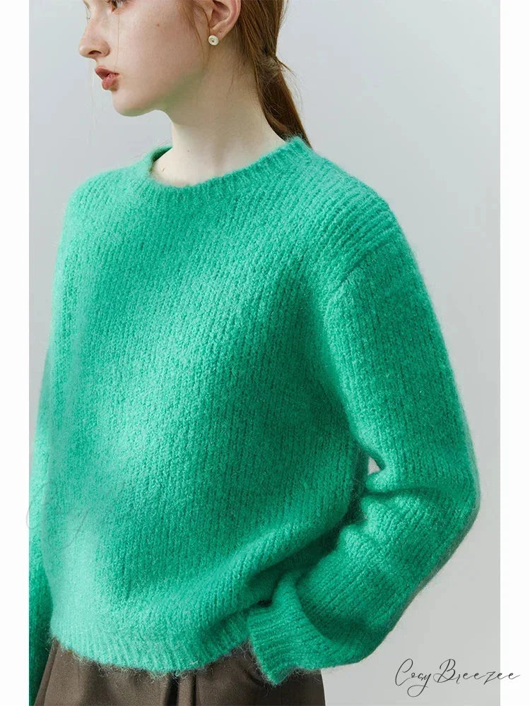 Mohair Loose Style Round Neck Sweater Green / S swraters-241228