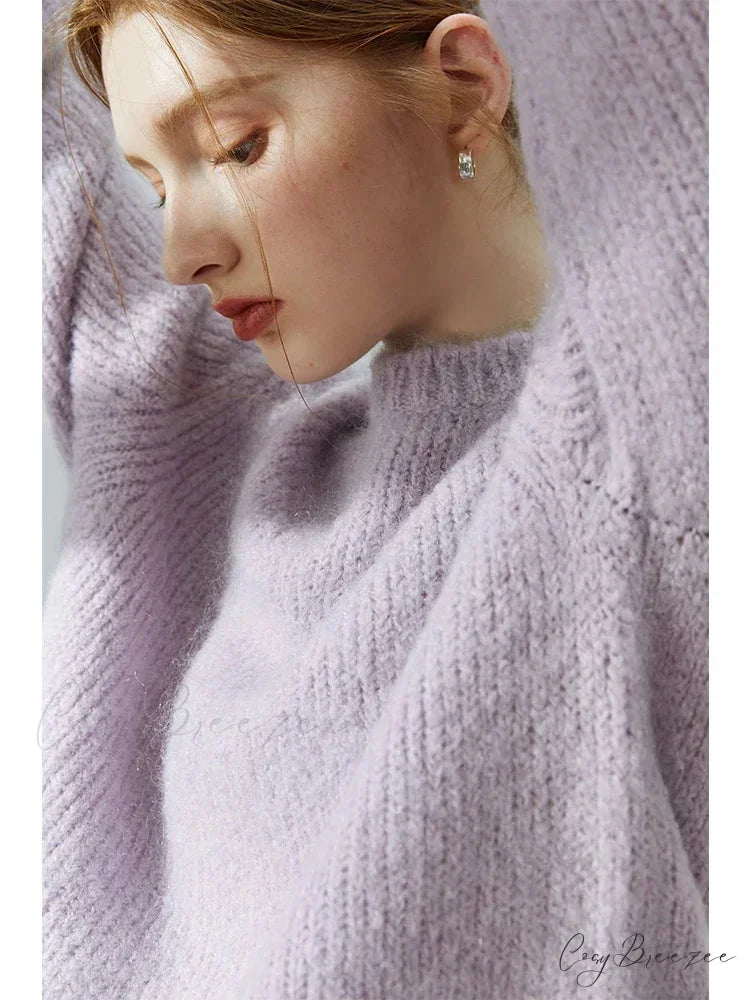 Mohair Loose Style Round Neck Sweater Light Purple / S swraters-241228