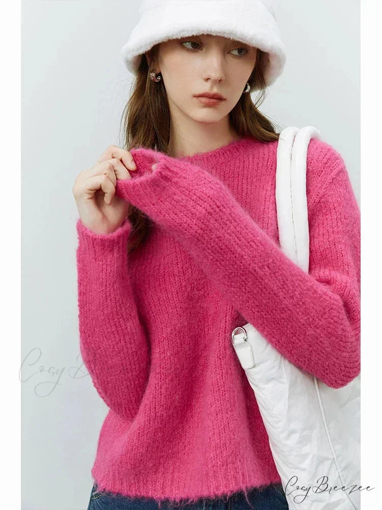 Mohair Loose Style Round Neck Sweater Rose Red / S swraters-241228