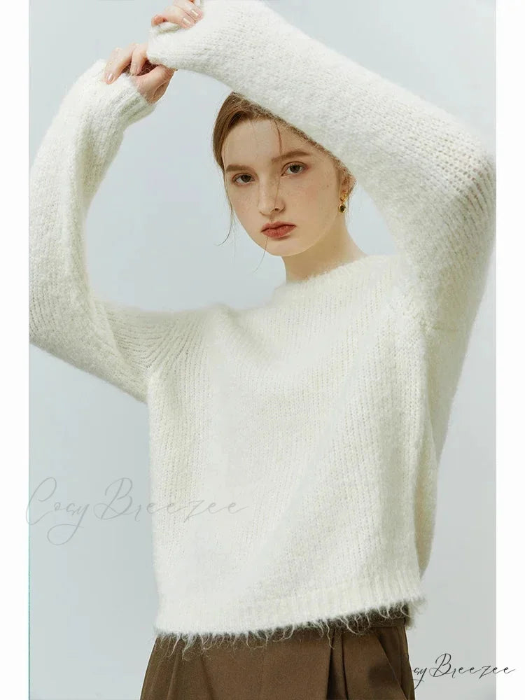 Mohair Loose Style Round Neck Sweater WHITE / S swraters-241228